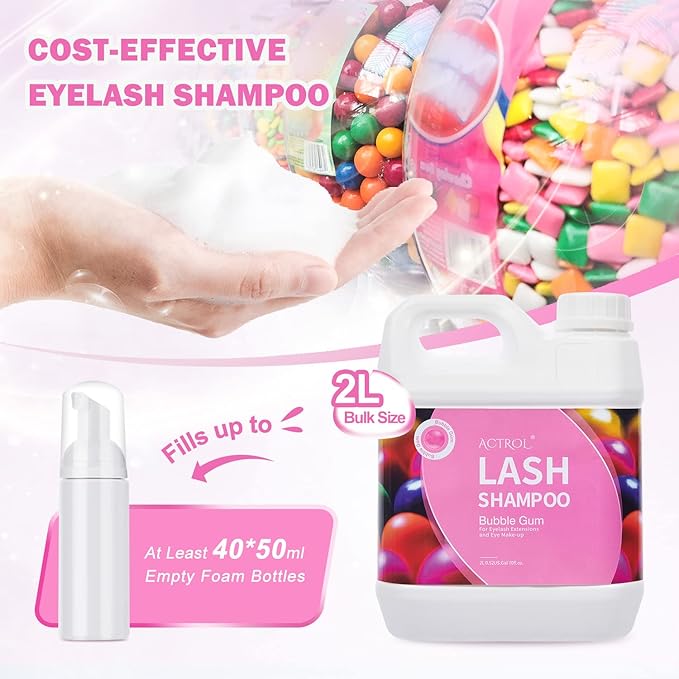 Eyelash Extension Cleanser Bubble Gum 2L Natural Lash Extension Shampoo Professional Eyelid Foaming Cleanser Paraben & Sulfate Free Non-lrritating with Salon and Home Care