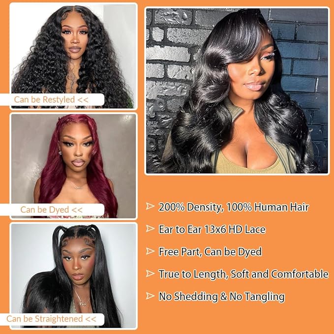 34 Inch Body Wave Lace Front Wigs Human Hair 13x6 HD Lace Front Wigs Human Hair Pre Plucked 200 Density Glueless Human Hair Wigs for Women Natural Black
