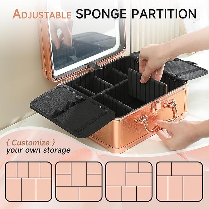 Leeora&Leekoo Makeup Box with LED Mirror & Aluminum Frame, Compact Multi-Layer Cosmetic Organizer - Portable ABS Travel Train Case for Makeup Storage(Gift for Girlfriend/Daughter) (Gold)