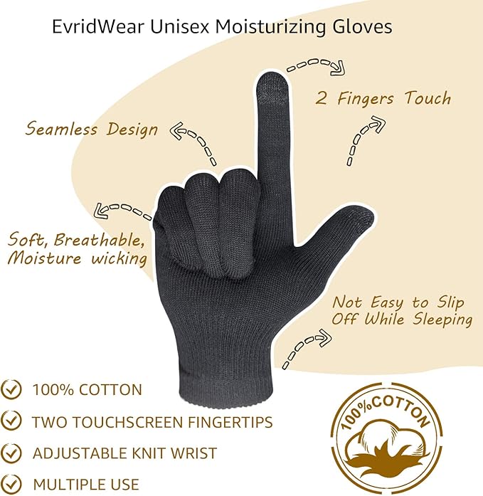 Evridwear Men Moisturizing Cotton Gloves with Touchscreen Fingertips for Eczema Beauty Cosmetic Dry Hands Sensitive Irritated Skin Therapy Overnight Bedtime, 6 Pairs, Lightweight-Black, S/M