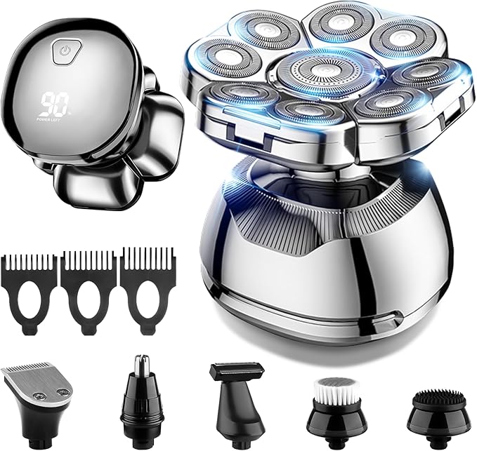 9D Head Shavers for Bald Men, 6-in-1 Electric Razor for Men, Cordless Rechargeable & Waterproof Bald Head Shavers for Mens with Large Battery, LED Display, Wet/Dry Shave