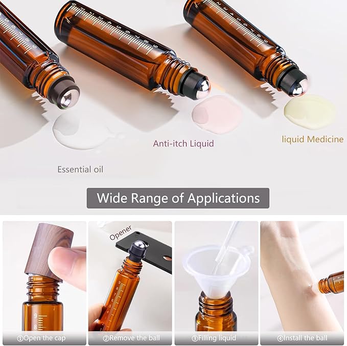 30pcs Essential Oil Roller Bottles, Amber Glass Roller Balls for Essential Oils, 10ml Empty Rollerball Bottles for Travel Refillable Roll on Perfume