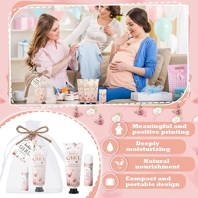 192 Pcs Baby Shower Gifts for Guests Prizes Include 48 Hand Cream and 48 Lip Balm Bulk Bridal Wedding Party Gifts Favor Travel Hand Lotion with Organza Bags Tags for Guests(Baby Girl)
