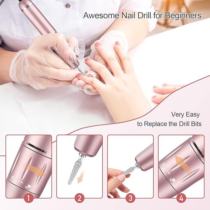 Professional Portable Nail Drill, 30000RPM Rechargeable Electric Nail File Machine Cordless E File Machine Set for Acrylic Nails for Remove Gel Polish Nail for Home & Salon Use,Pink