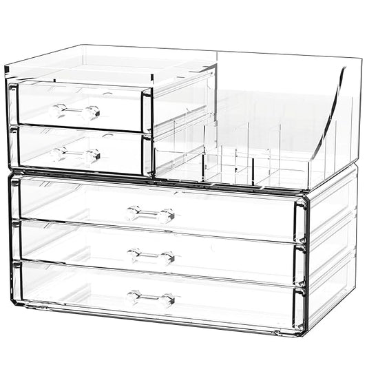 Cq acrylic Clear Make up Organizers and Storage for Vanity,2 Pcak Cute Skincare Organizer and Cosmetic Storage Organizer for Jewelry,Lipstick,Beauty,Skin Care Bathroom Counter Organizer With 5 Drawers