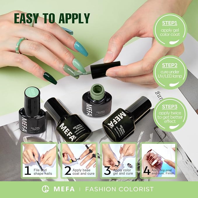 MEFA Green Gel Nail Polish Set 6 Colors, Sage Green Mist Blue Light Grey Dark Olive Shades Earth Tone Gel Polish Matcha Avocado Soak Off Nail Art Design Home Manicure Kit Gifts St. Patrick's Day