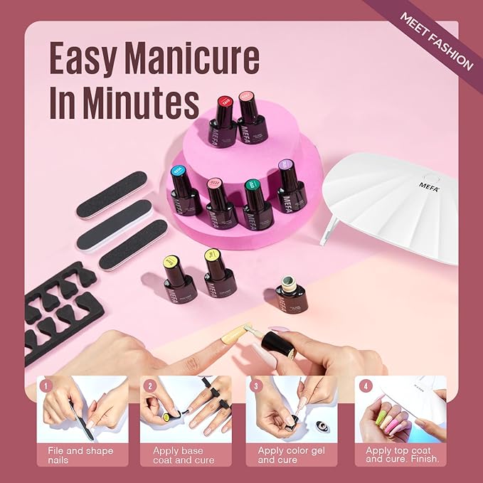 MEFA 19 Pcs Gel Nail Polish Kit with U V Light, 12 Colors Gel Nail Polish Set with Base Top Coat Burgundy Red Champagne Gold Gel Soak Off Purple Manicure Tools Beginners Salon Art DIY for Women