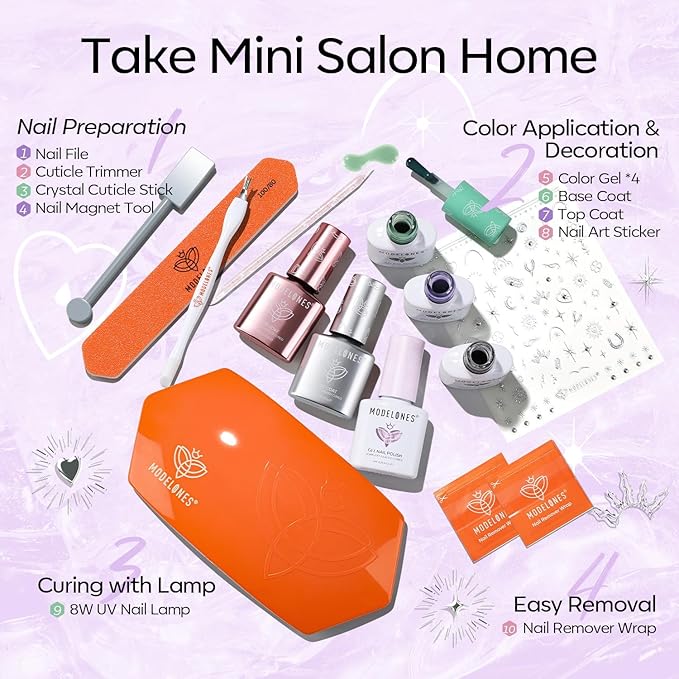 Modelones Spring Gel Nail Polish Kit with U V Light, Clear Cat Eye Jelly Pink Purple Green Manicure Set with Base Top Coat Lucky Gems Stickers 4 Colors Gel Mini Salon Nail Art Starter Gift for Women