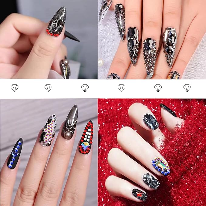 3100Pcs Flat Back Rhinestones for Nails, HOINCO Black Rhinestones for Nails, Mix 20 Styles Flatback Rhinestone/Gems, 600 Diamonds + 2500 Round Rhinestones Beads for Nail Crafts with Tweezers Pen