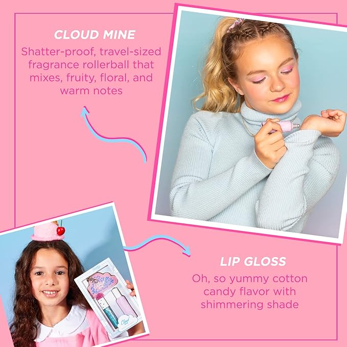 Petite 'N Pretty Cloud Mine Lip Gloss & Rollerball Perfume Gift Set - Makeup for Kids, Tweens, Teens - Light Shimmer & Sweet Scent, Made in the USA