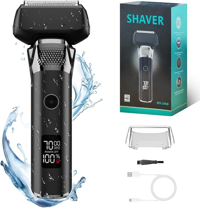 Electric Foil Shavers for Men Rechargeable Electric Razor Cordless Dry Wet Shavers Beard with Pop-Up Trimmer Travel Foil Shaver as Father Husband Boyfriend Gift 2408Black