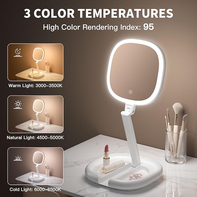 6.3” Makeup Mirror with Light and Magnification, 10X/1X Light Up Makeup Mirror Lighted Make Up Mirror with Adjustable Height Double Sides Folding Magnifying Mirror with Light