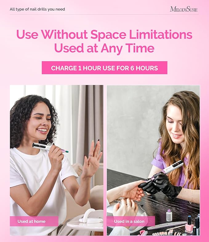 MelodySusie Rechargeable Cordless Electric Nail Drill with 10Pcs Diamond Sanding Bit Set with 40pcs Small Sanding Bands