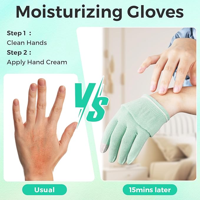 Donfri 6 Pairs Cotton Gloves for Dry Hands, Sleeping Moisturizing Gloves Overnight, Eczema Gloves for Women with Touchscreen Fingers, Lotion Hand Spa Treatment（XS-Green）