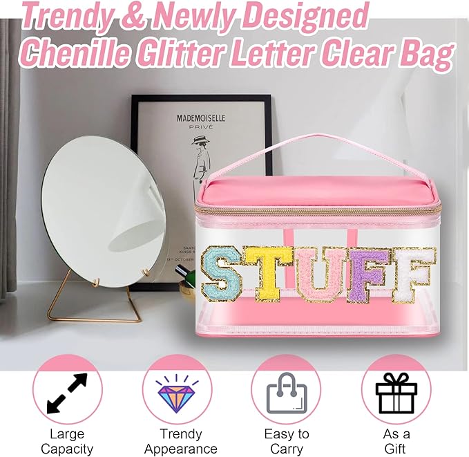 Chenille Letter Clear Makeup Bags Stuff Pouch, Preppy Patch Makeup Bag Zipper with Handle, Transparent PVC & Nylon Waterproof Glitter Cosmetic Handbag Travel Toiletry Storage for Women (STUFF-Pink)