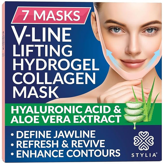 Stylia V-Line Lifting Collagen Face Mask with Hyaluronic Acid & Aloe Vera - Spa Quality Chin Strap - Jawline Shaper Collagen Mask - Face Masks Skincare - Chin Strap for Sleeping - 7PC