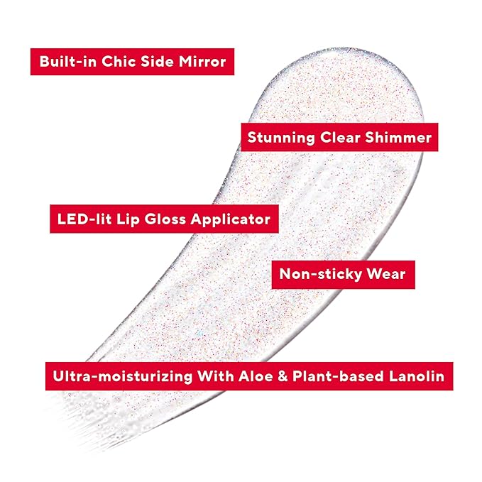 Mirabella Glow Light-Up Clear Shimmer Lip Gloss - LED Applicator with Mirror - Hydrating & Ultra-Moisturizing Formula with Jojoba Oil, Sweet Almond Oil & Vitamin E - .30 Fl Oz / 9ml