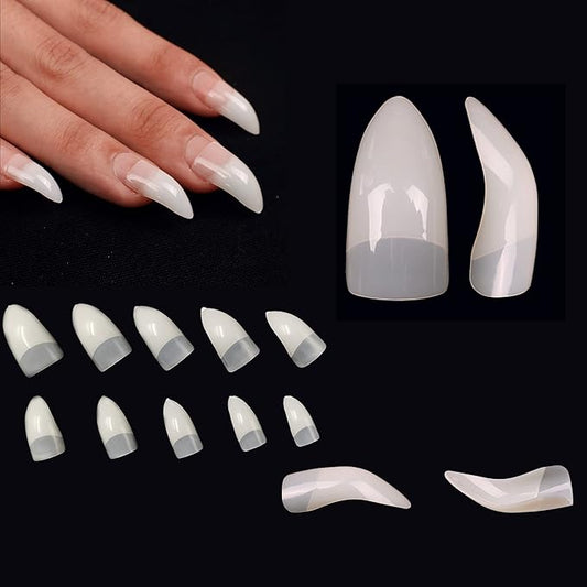 500 pcs Half Cover Hawk Curved Raptor Eagle Claw Extra Super Extreme Deep Curve Stiletto False Nail Extension Tips Natural Color Acrylic Nail 10 Sizes for Halloween Art Salon In Bag