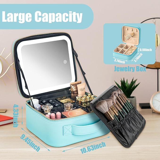 Makeup Travel Train Case with Mirror LED Light 3 Adjustable Brightness Cosmetic Bag Portable Storage Adjustable Partition Waterproof Makeup Brushes Makeup Jewelry Gift for Women (light blue)