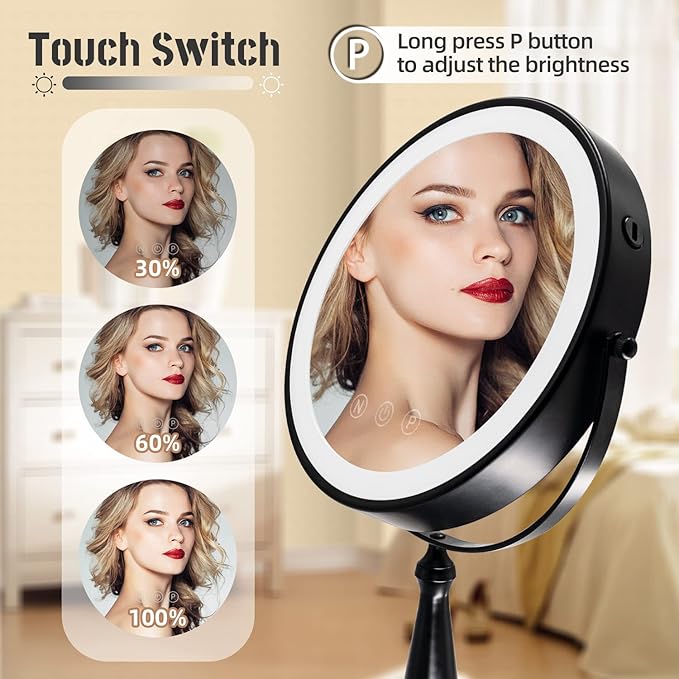 9 "Large Light Makeup Mirror, 1x / 10x True HD Magnifying Mirror, 3-Color LED Light dimmable, 2 Rechargeable Makeup Mirrors 360° Rotation, Standing Desk Makeup Mirror, Black