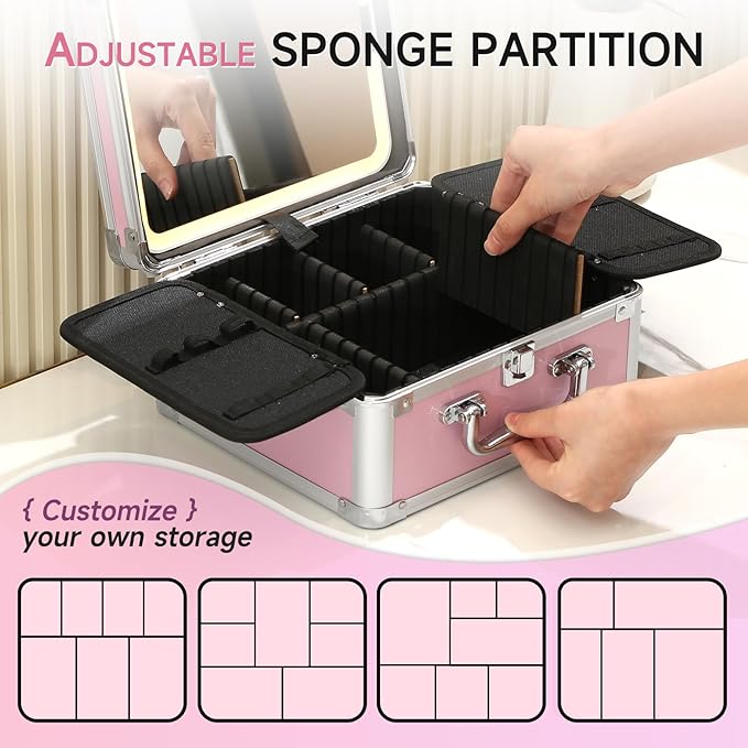 Leeora&Leekoo Makeup Box with LED Mirror & Aluminum Frame, Compact Multi-Layer Cosmetic Organizer - Portable ABS Travel Train Case for Makeup Storage(Gift for Girlfriend/Daughter) (Pink1)