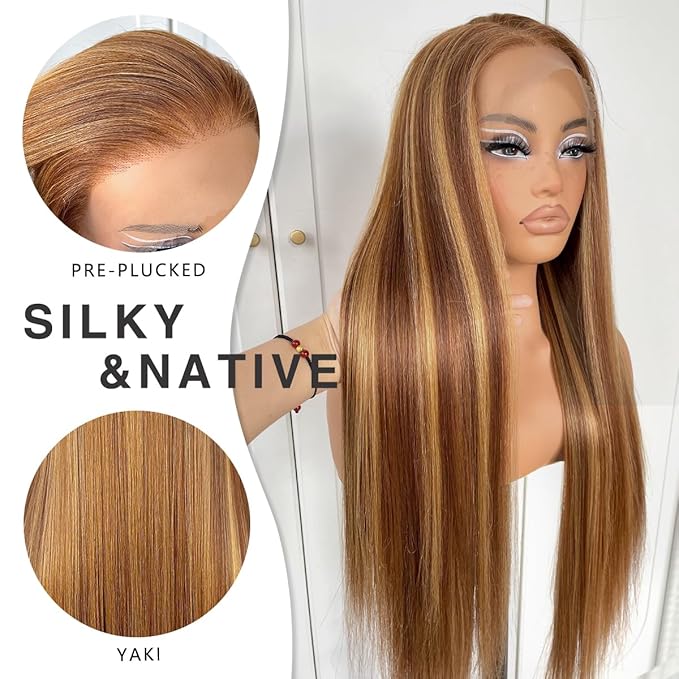 13x6 Highlight Ombre Lace Front Wig Pre Plucked Honey Blonde 4/27 Long Straight HD Lace Front Wigs Yaki Synthetic Glueless Straight Highlight Lace Front Wig 32inch