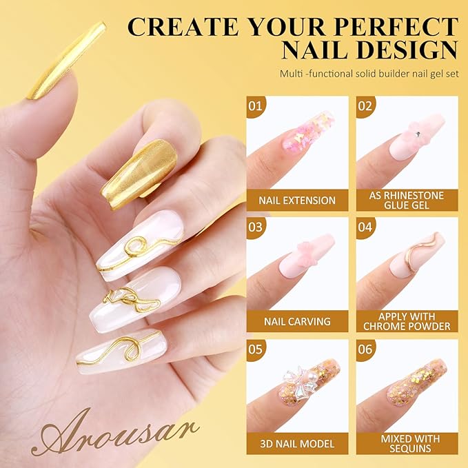 Solid Builder Nail Gel Kit, 4 Colors Non Stick Nail Extension Gel Set, Clear White Pink Apricot Nail Gel with Powder and Decorations Manicure Tools DIY at Home for Professional Salon