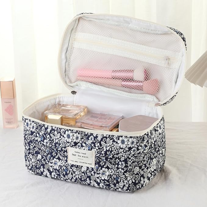 Makeup Bag, 3 PCS Quilted Makeup Bag, Cute Floral Cotton Cosmetic Bag set, Coquette Makeup Pouch Large Travel Toiletry Bag