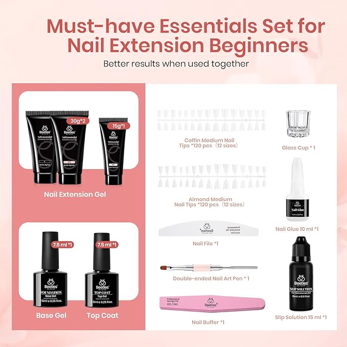 Beetles Poly Extension Gel Kit 3 Colors Nude Clear White With Tips Slip Solution All-in-One Builder Gel DIY French Nail Art Design Beginner Kit