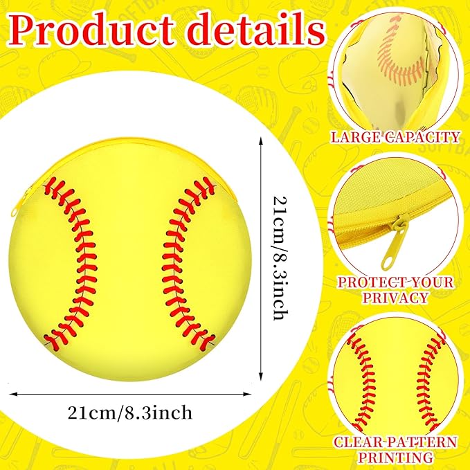 Reginary 12 Pcs Softball Makeup Bags Team Gift Round Sport Cosmetic Bags Canvas Softball Pouch Portable Makeup Pouch Travel Organizer for Women Men Team Player Travel