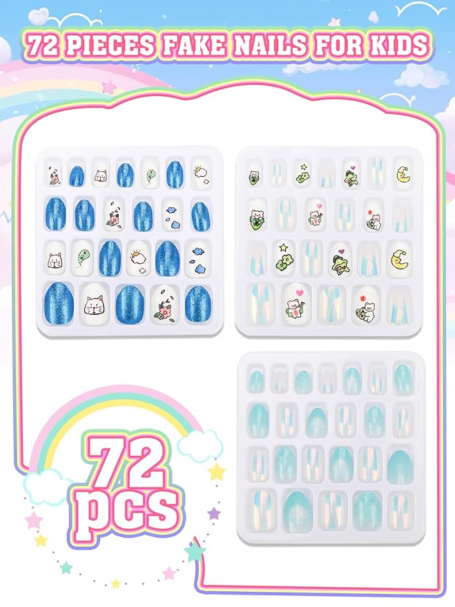 72 Pieces Press on Nails for Kids, EBANKU 3 Pack Kid Fake Nail Kit Blue Bear Cat Flower Press on Nails for girls 8-12 Years with Jelly Nail Adhesives