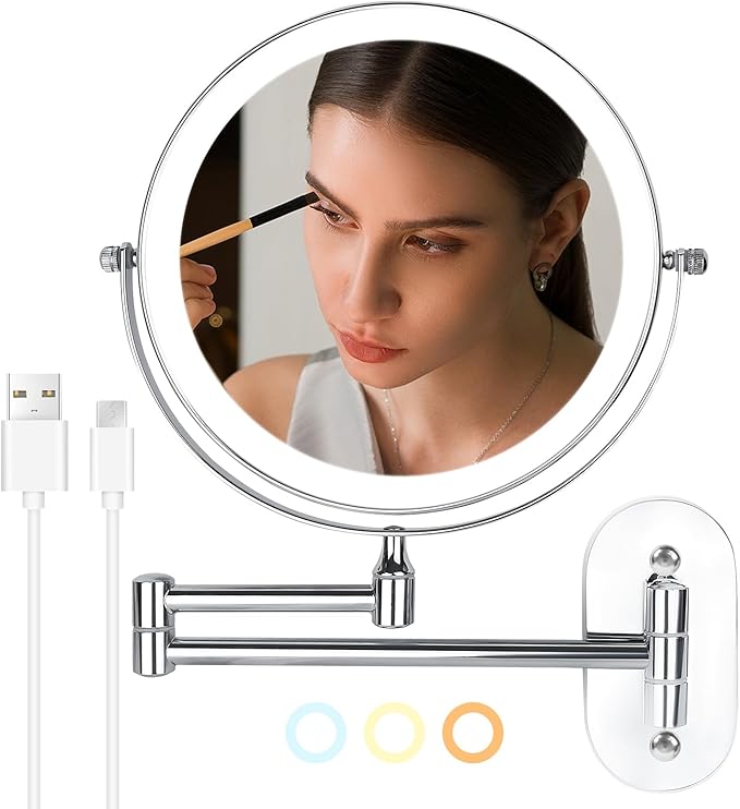 8" Wall Mounted Lighted Makeup Mirror, 1X/10X LED Lighted Magnifying Mirror with 3 Colors, 360° Rotation Double Sided Extension Foldable Arm Rechargeable Makeup Mirror, Touch Dimming