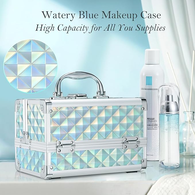 FRENESSA Makeup Case Portable Makeup Box Organizer Travel Cosmetic Case Storage with Mirror Locking Make Up Cases Organizers and Storage for Artist Nail Supplies Cosmetology Case Vanity Case Blue
