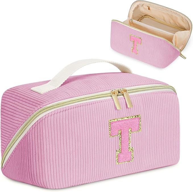 Gifts for Girls, Initial Travel Makeup Bag Women's Day Gift Make up Bag Cosmetic Bags Monther's Day Gifts, Personalized Stuff Bag Cute Makeup Bag Birthday Gifts for Women/Friend/Mother Pink - T