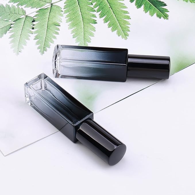 45pcs 10ml Mini Square Spray Bottle Glass Empty Spray Refillable Perfume Bottle Fine Mist Liquid Dispenser for Makeup Skin Care (Black Cap)