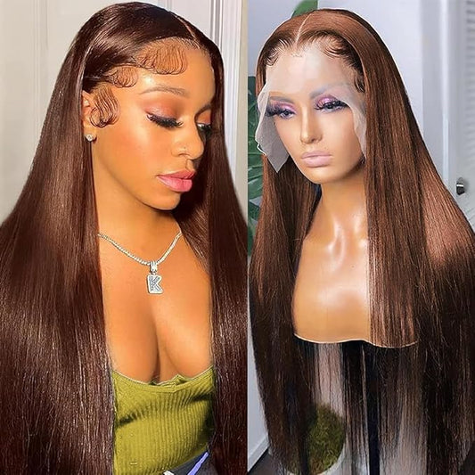 13x6 Chocolate Brown Lace Front Wigs Human Hair 200 Density Straight Glueless Human Hair Wig for Women HD Lace Frontal Wigs Pre Plucked Colored Brown Wig Real Hair 24 Inch