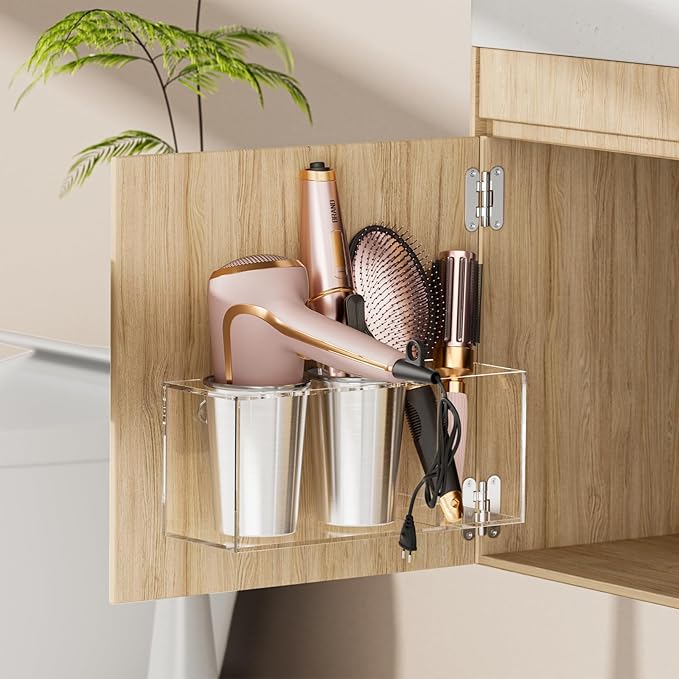 Hair Tool Organizer Acrylic: Hair Dryer Holder Wall Mount - Blow Dryer Holder Cabinet Door - Bathroom Countertop Organizer for Curling Iron Hot Styling Tools Flat Iron - Clear