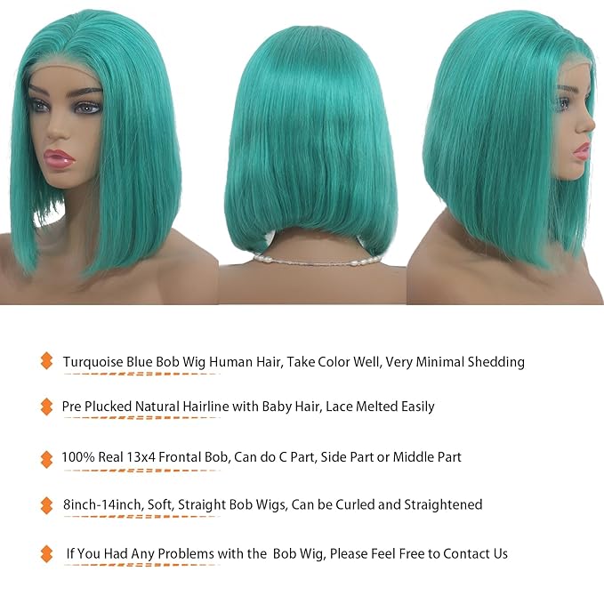 13x4 Glueless Lake Blue Bob Wig Human Hair Lace Front Wigs Pre Plucked Blunt Cut HD Transparent Teal Blue Colored Bob Lace Front Wig Human Hair 180% Density 8 Inch Short Bob Wigs for Black Women