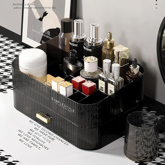 Stackable Cosmetics Organizer Drawers, Bathroom Vanity Makeup Organizer and Storage, Ideal for Desk and Dresser Countertops, Great for Palette, Skincare, Lipsticks, Nail Care-Black