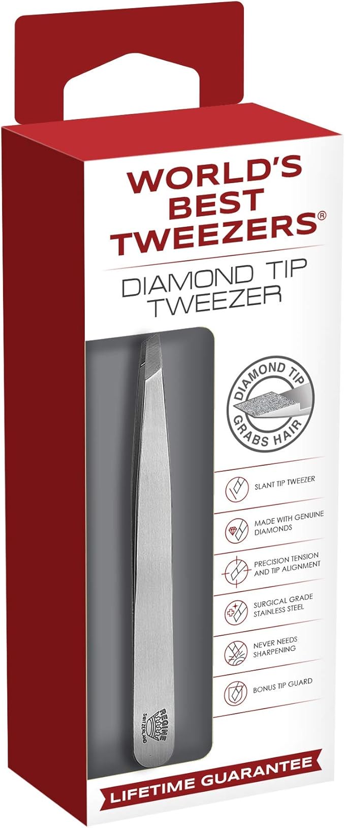 World's Best Tweezers Diamond Tip - Diamond Coated Slant Precision Tweezer for Eyebrow, Facial & Ingrown Hair Removal - Suitably Aligned Stainless Steel Tool Grabs Hair from the Root