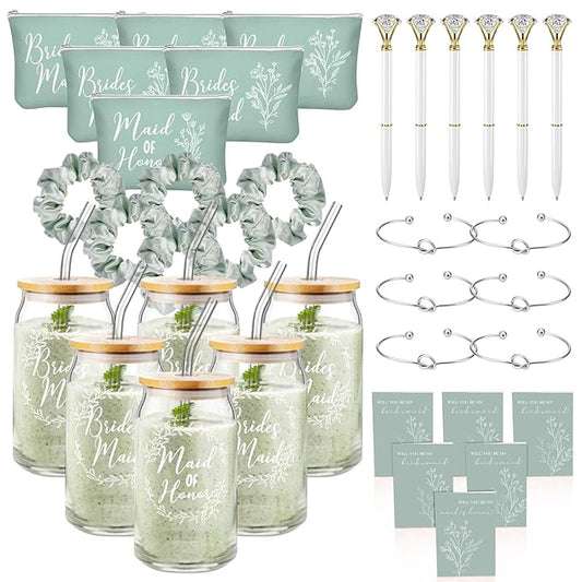 Irenare 36 Pcs Bridesmaid Proposal Gifts Bridal Shower Gifts 16 oz Glass Cup Cosmetic Makeup Bags Invited Cards Scrunchies Hair Knotted Bracelets Diamond Pens Favors for Wedding (Green)