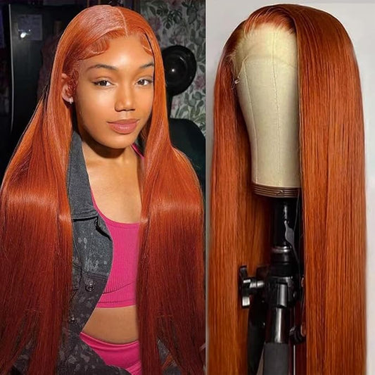 28 Inch Ginger Lace Front Wig Human Hair 13X6 HD Transparent Lace Front Wig Colored Straight Lace Front Wig Orange Wig Human Hair 200% Density Pre Plucked Natural Hairline with
