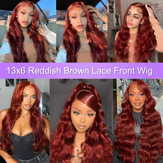 32 Inch 13x6 Reddish Brown Lace Front Wigs Human Hair Body Wave 180% Density Hd Transparent Lace Front Wig Human Hair Pre Plucked with Baby Hair 33# Auburn Brown Lace Frontal Wigs