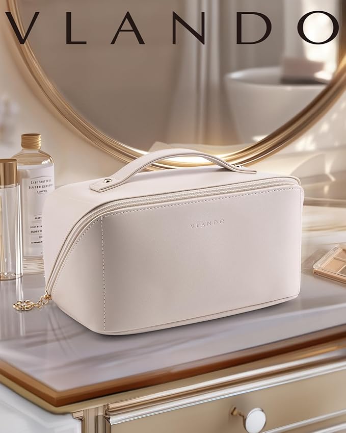 Vlando Travel Makeup Bag, Gifts for Mom Teachers,Make up Bag Travel Toiletry Bag for Women Open Flat Makeup Organizer with Divider and Handle-White