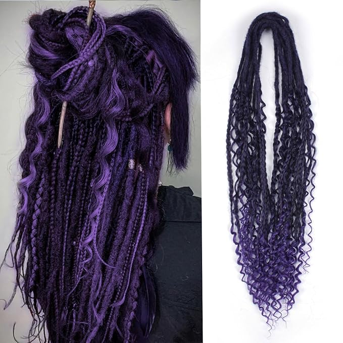 24 In Boho Braid Dreadlock Extensions, 10 Strands Ombre Purple Synthetic Curly Dreads Extensions with Box Braid, 100% Handmade Dreads Hippie Style Dreadlocks for Woman