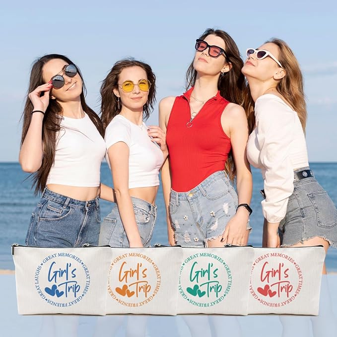 4PCs Girls Trip Gifts Favors, 2025 Girls Weekend Gifts Funny Makeup Bag, Bestie Gifts Weekend Bag Summer Vacation Cosmetic Bag, Friendship Gifts for Women Friend, Graduation Wedding Gifts Toiletry Bag