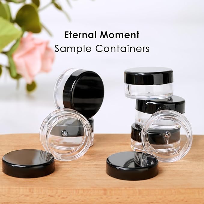50 Pack 3 Gram Sample Containers with Lids, Small Plastic Cosmetic Jars, Makeup Travel Container Jar for Cream, Bead, Eye Shadow, Jewelry, Lotions, Powders, Glitters Lip Gloss with Labels,Spatulas