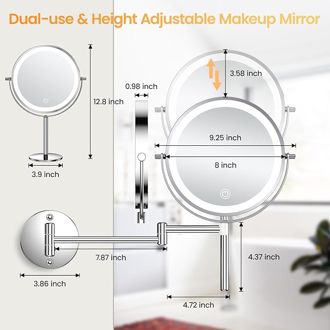 Benbilry Lighted Wall Mounted Makeup Vanity Mirror with Magnification 10X/1X, Adjustable Height & 3 Color Lights, Rechargeable 8" Dual Use Magnifying Tabletop Mirror, 360° Swivel with Extendable Arm