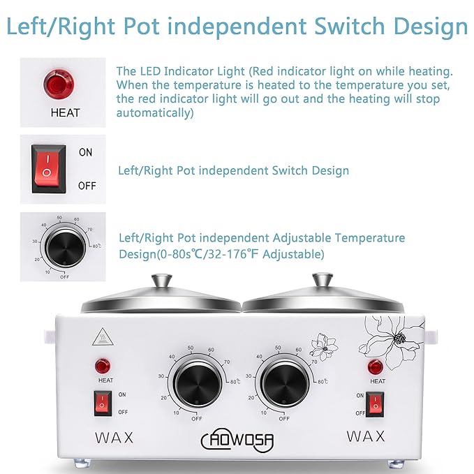Professional Waxing Kit Wax Warmer Double Pot Wax Heater Machine for Hair Removal, Large Waxing Pot for Spa Salon Beauty Esthetician Home, with Adjustable Temperature Set, 50 Stick & 20 Collar(White)
