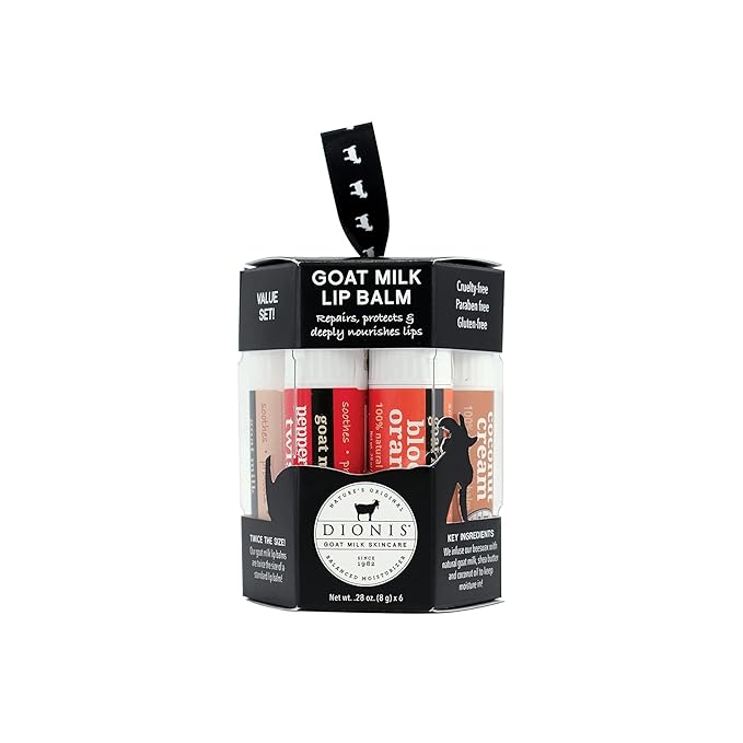 Dionis Goat Milk 6 Pc Lip Balm Ornament 2024 - Vanilla, Coconut, Milk & Honey, Berry, Peppermint & Blood Orange Scented Chapstick - Shea Butter & Coconut Oil, Protect & Restore Lips 0.28oz